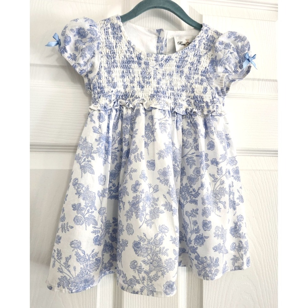 Rare Editions Charming Smocked Bodice Blue/White Dress 3T Puff Sleeves Lined
